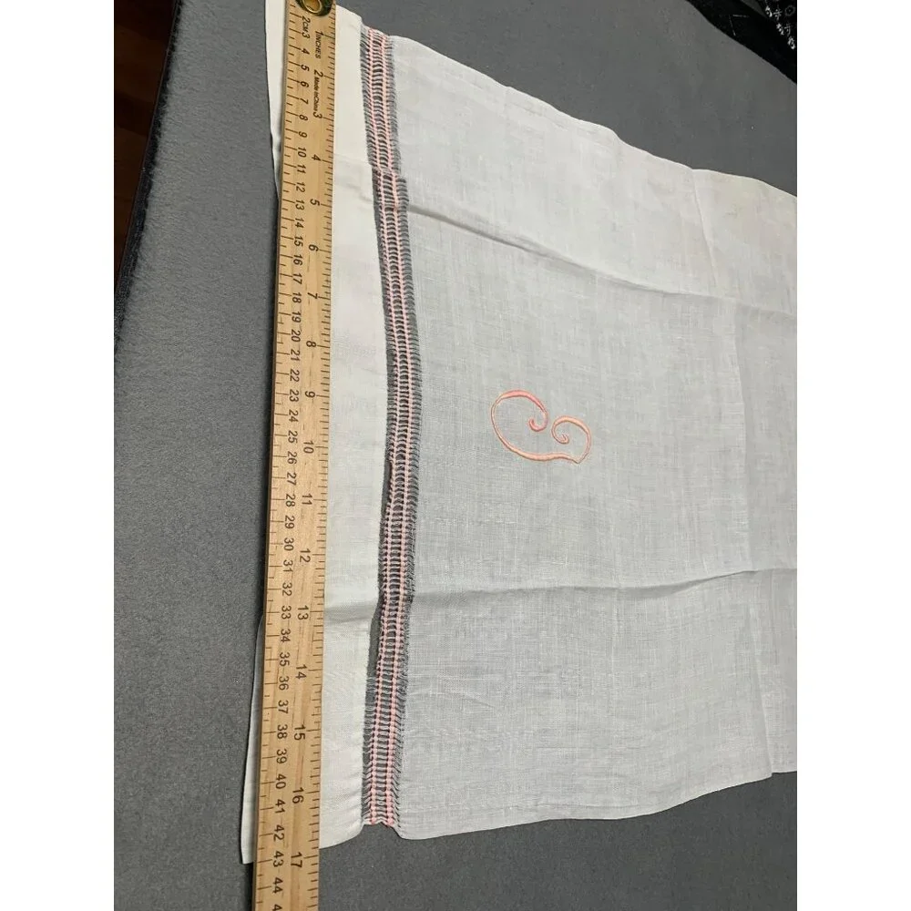Vintage White Linen Hand Towel with Pink Embroidered Initial Monogram